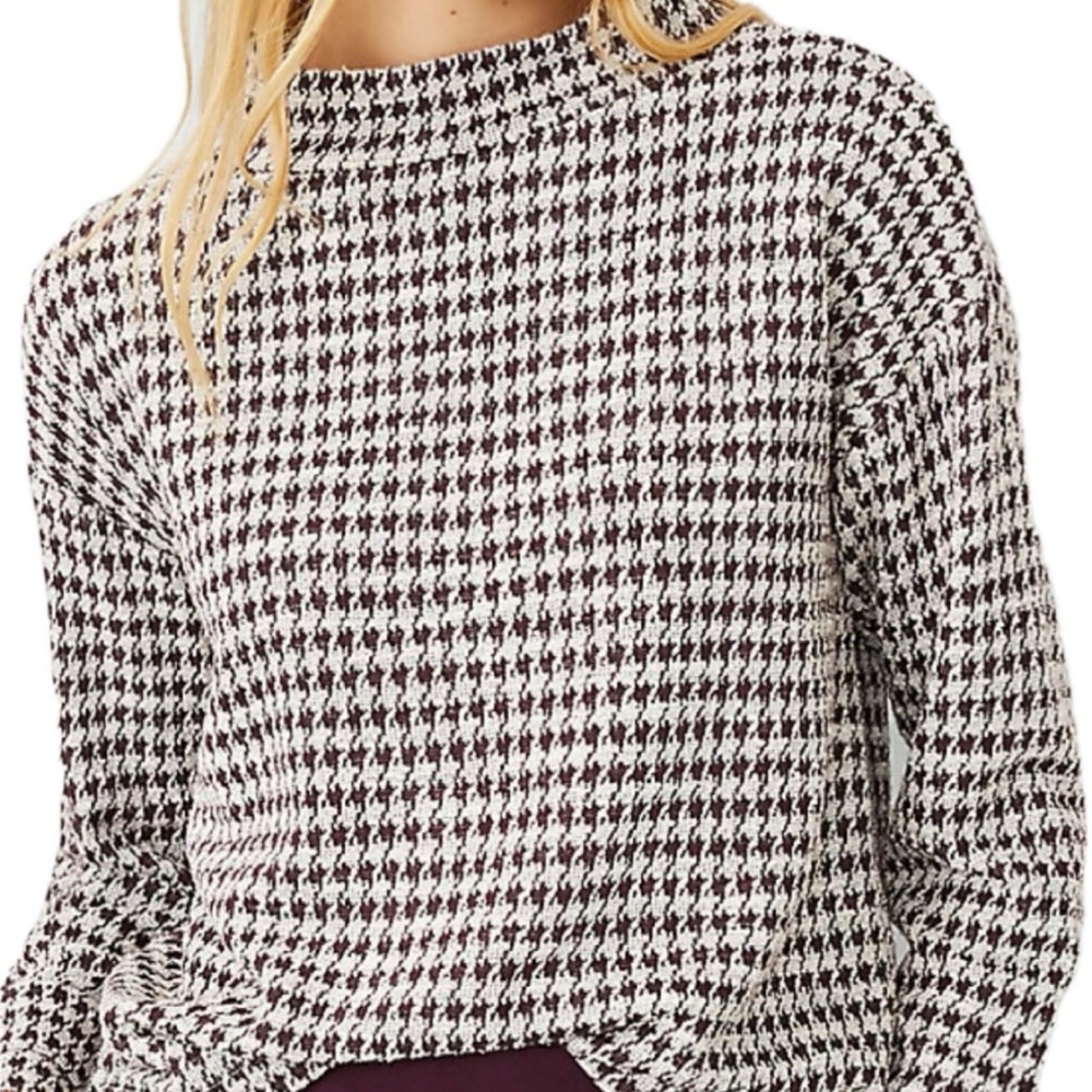 Ann Taylor Houndstooth Mock Neck Knit Top, Burgundy & White, M